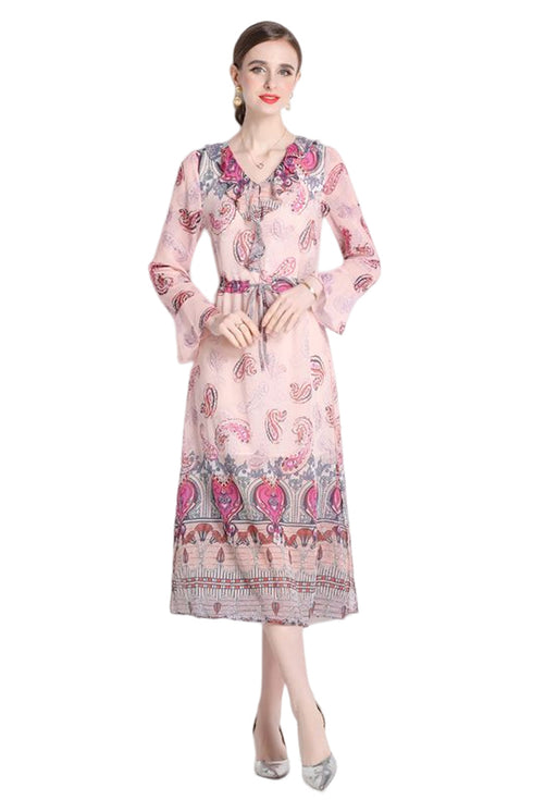 Elegantly Gorgeous French Style Ruffled V-Neck, Women's Elegant Pink Floral, Long Sleeve Office, Holiday, Party Dress